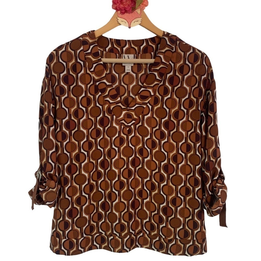 Worthington brown circle print v neck roll tab sleeve chiffon blouse size S